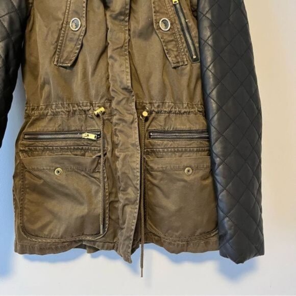 Zara women olive green winter jacket with faux leather quilted small sleeves - Picture 3 of 9